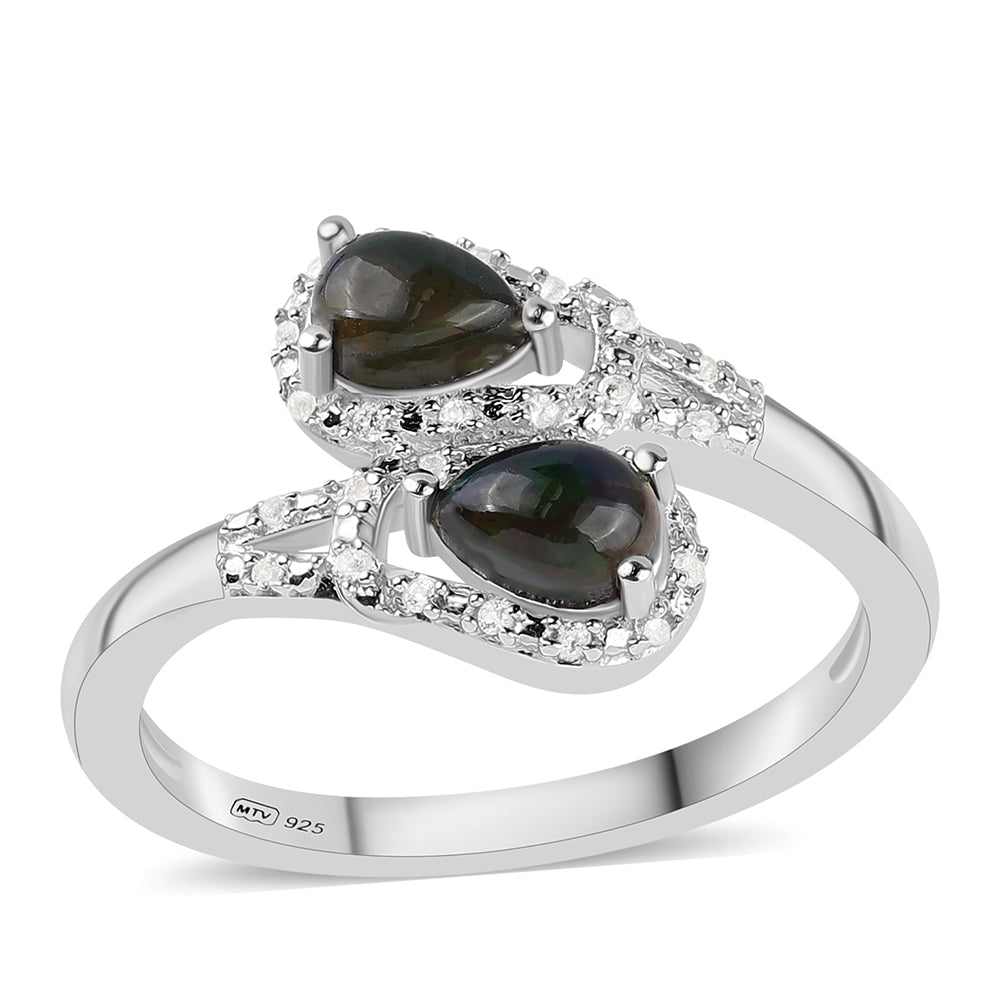 Inel din Argint 925 ( 3.43 grame ) cu Opal Etiopian Negru Lega Dembi și Topaz Alb 0.65 Carate