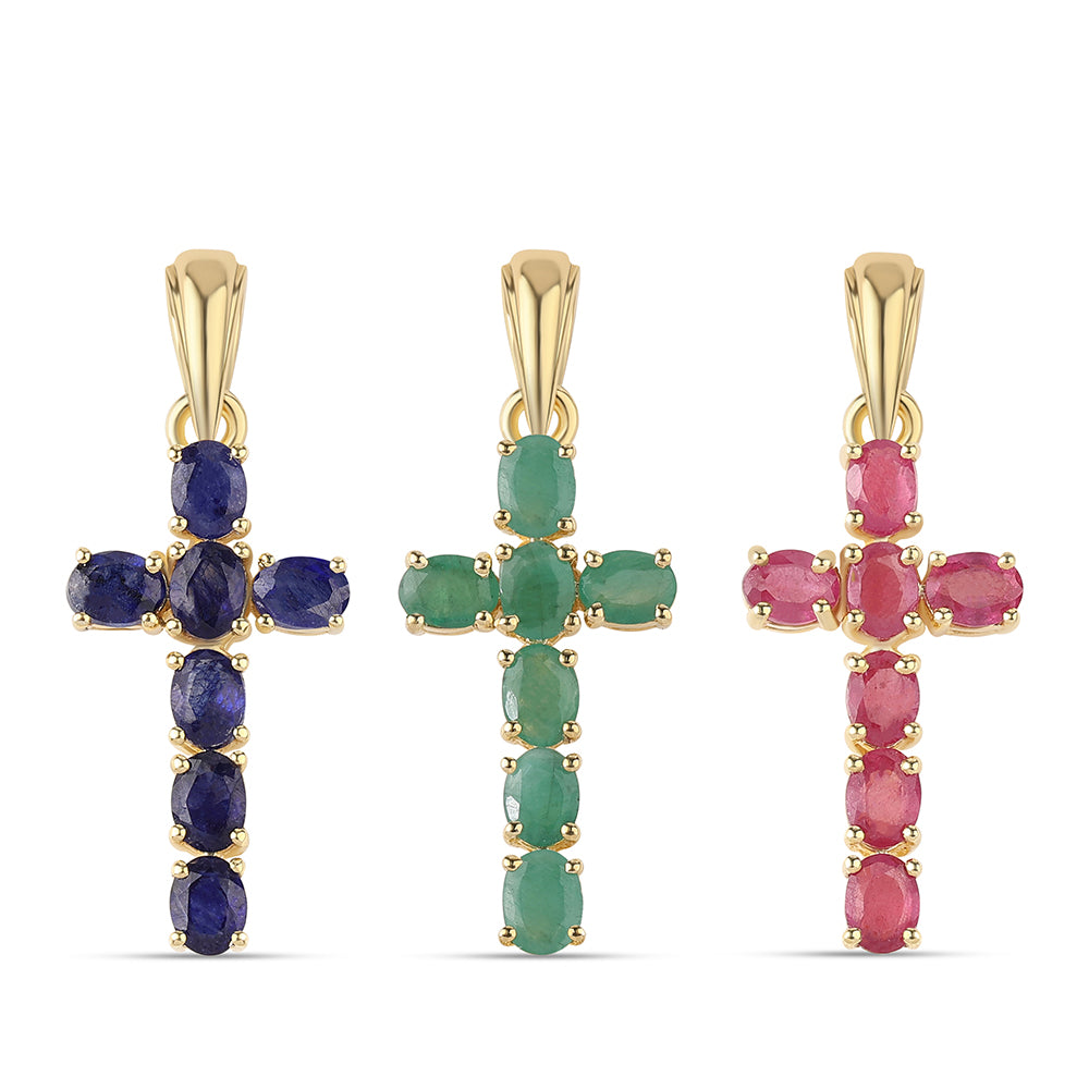 Cruce Set din Argint 925 Placat cu Aur ( 4.28 grame ) cu Rubin Thailandez și Smarald Brazilian 4.55 Carate ( Pandantiv )