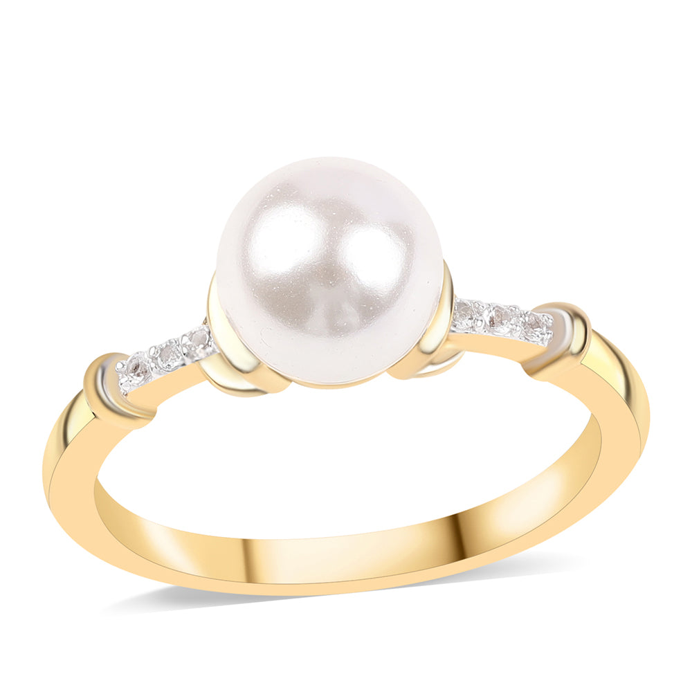 Inel din Argint 925 Placat cu Aur ( 2.51 grame ) cu Perlă de Apă Dulce Albă și Topaz Alb 4.34 Carate