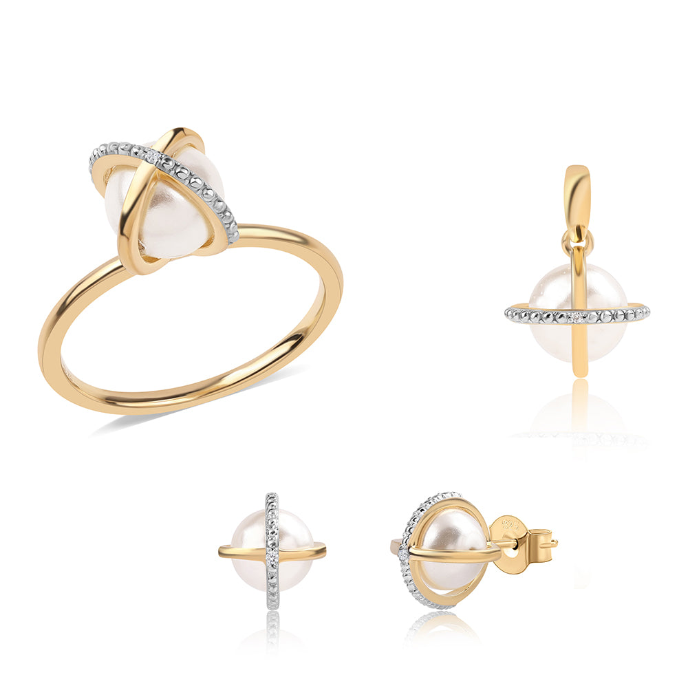 Set din Argint 925 Placat cu Aur ( 5.75 grame ) cu Perlă de Apă Dulce Albă și Topaz Alb 17.1 Carate ( Cercei+Inel+Pandantiv )