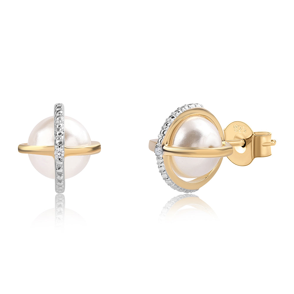 Set din Argint 925 Placat cu Aur ( 5.75 grame ) cu Perlă de Apă Dulce Albă și Topaz Alb 17.1 Carate ( Cercei+Inel+Pandantiv )