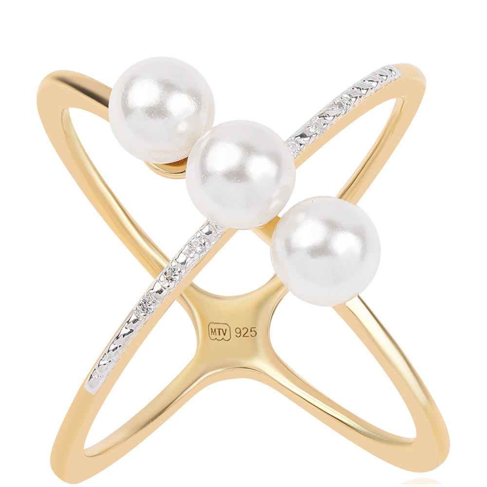 Inel din Argint 925 Placat cu Aur ( 4.7 grame ) cu Perlă de Apă Dulce Albă și Topaz Alb 5.72 Carate