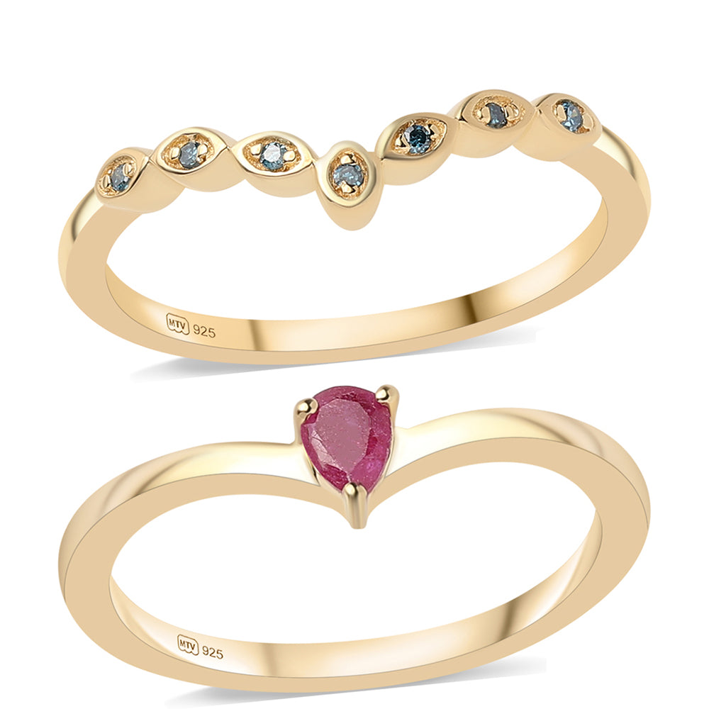 Set din Argint 925 Placat cu Aur ( 3.08 grame ) cu Rubin Mozambic și Diamant Albastru 0.26 Carate ( Inel )