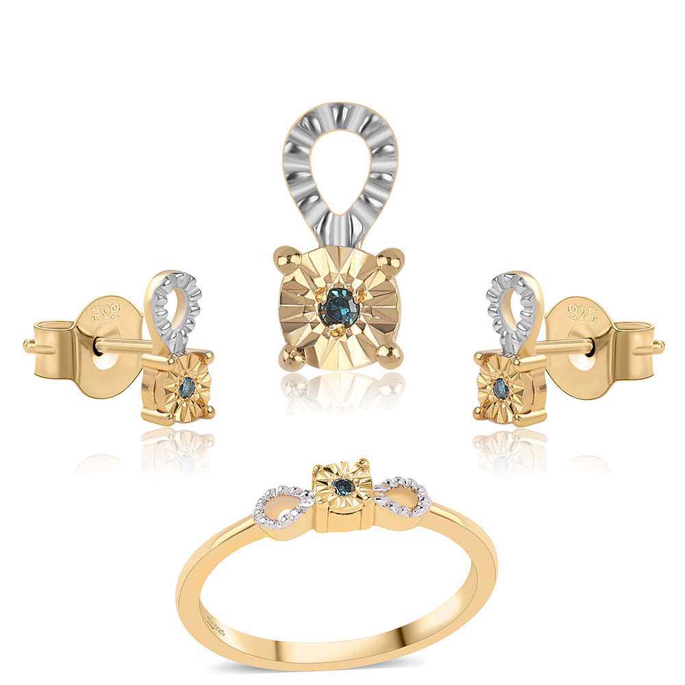 Set din Argint 925 Placat cu Aur ( 2.94 grame ) cu Diamant Albastru 0.02 Carate ( Cercei+Inel+Pandantiv )