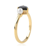 Inel din Argint 925 Placat cu Aur ( 1.94 grame ) cu Spinel Negru și Perlă de Apă Dulce Albă 1.85 Carate
