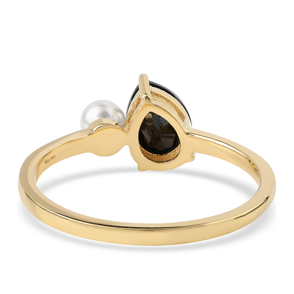 Inel din Argint 925 Placat cu Aur ( 1.94 grame ) cu Spinel Negru și Perlă de Apă Dulce Albă 1.85 Carate