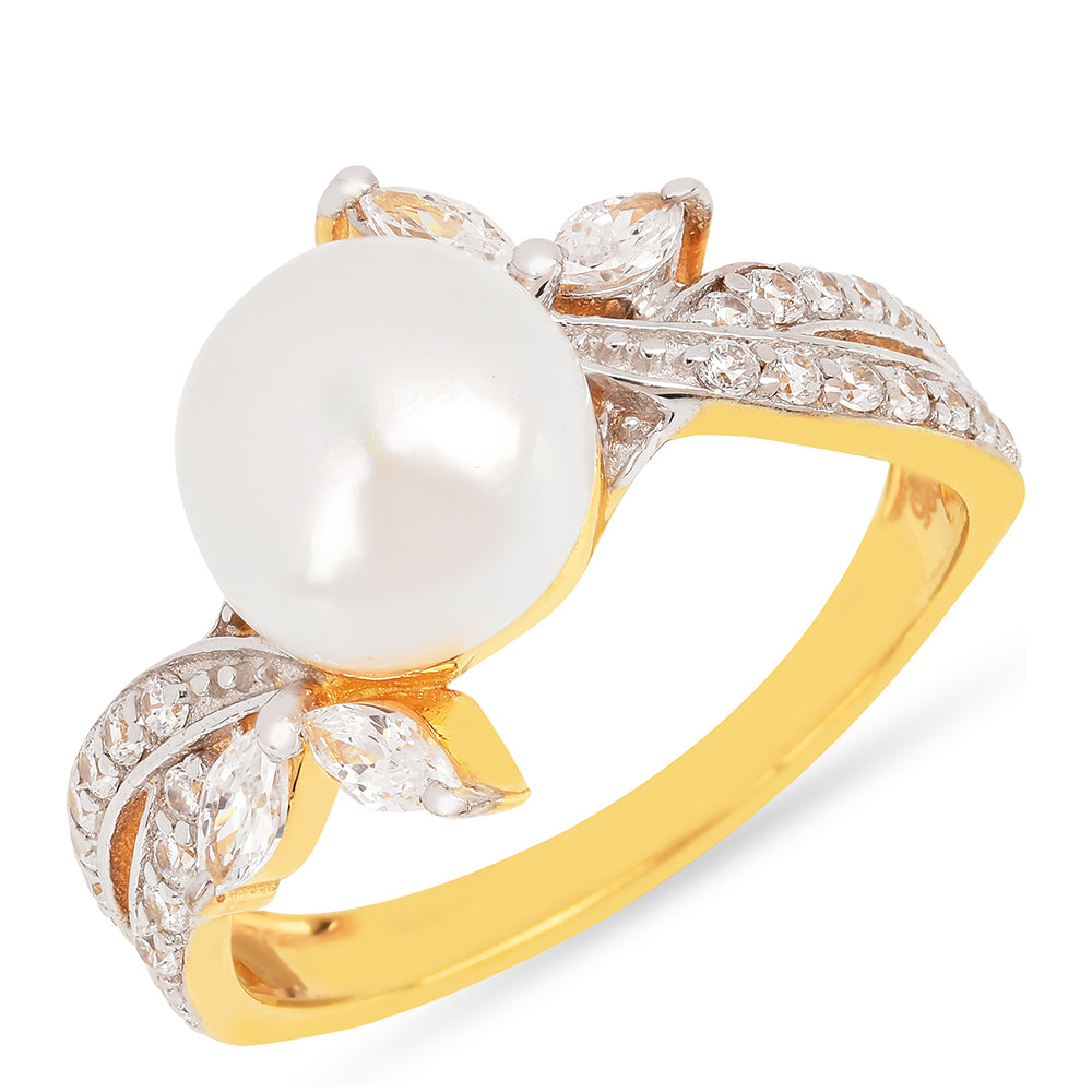 Inel din Argint 925 Placat cu Aur ( 2.68 grame ) cu Perlă de Apă Dulce Crem și Zircon Alb 4.45 Carate