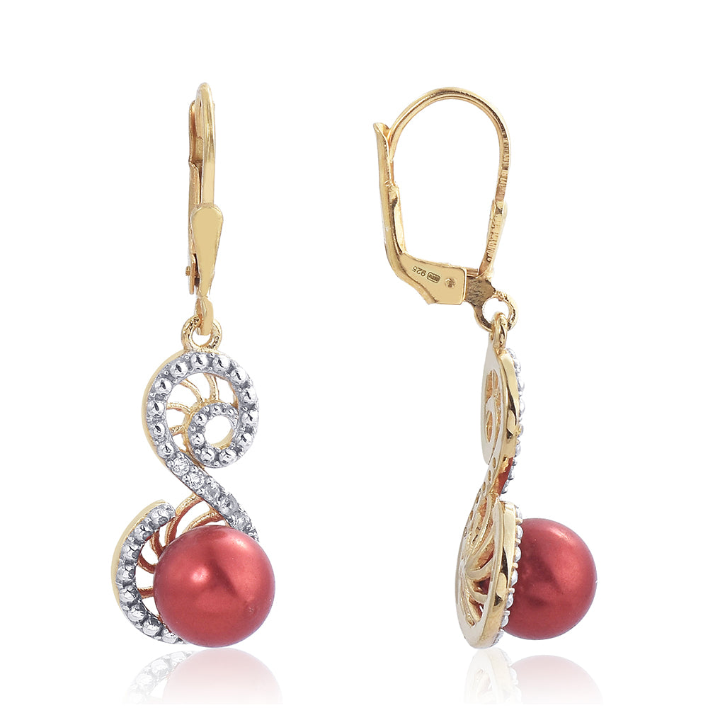 Cercei din Argint 925 Placat cu Aur ( 2.99 grame ) cu Perlă de apă dulce roșie și Topaz Alb 7.85 Carate