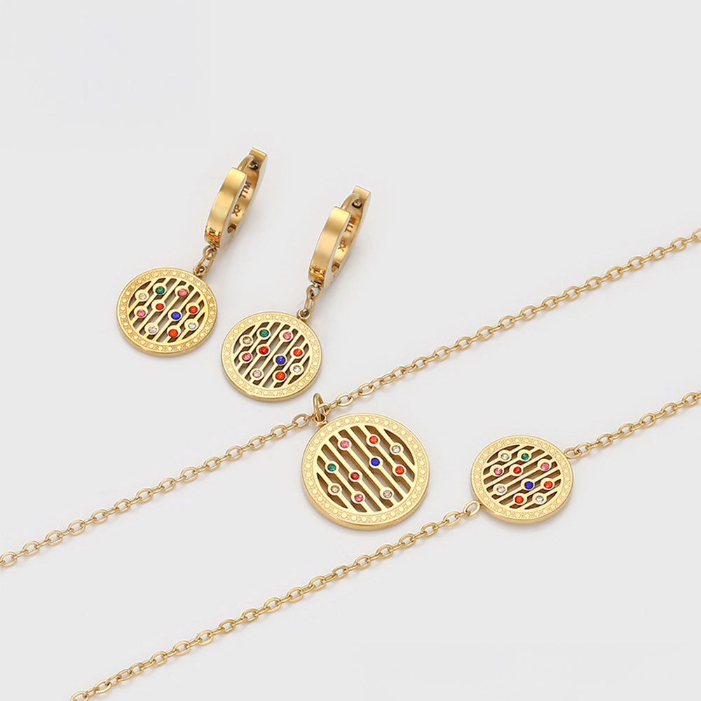 Set din Aliaj Placat cu Aur cu Cristal Roșu Emporia® și Cristal Albastru Emporia® ( Colier+Cercei+Brățară+Pandantiv )