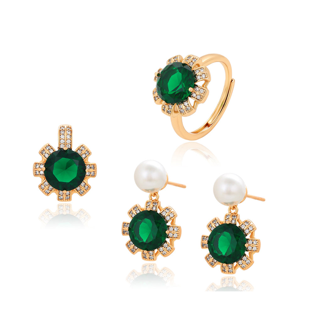 Set din Aliaj Placat cu Aur cu Cristal Verde Emporia® și Perlă de cristal ( Cercei+Inel+Pandantiv )