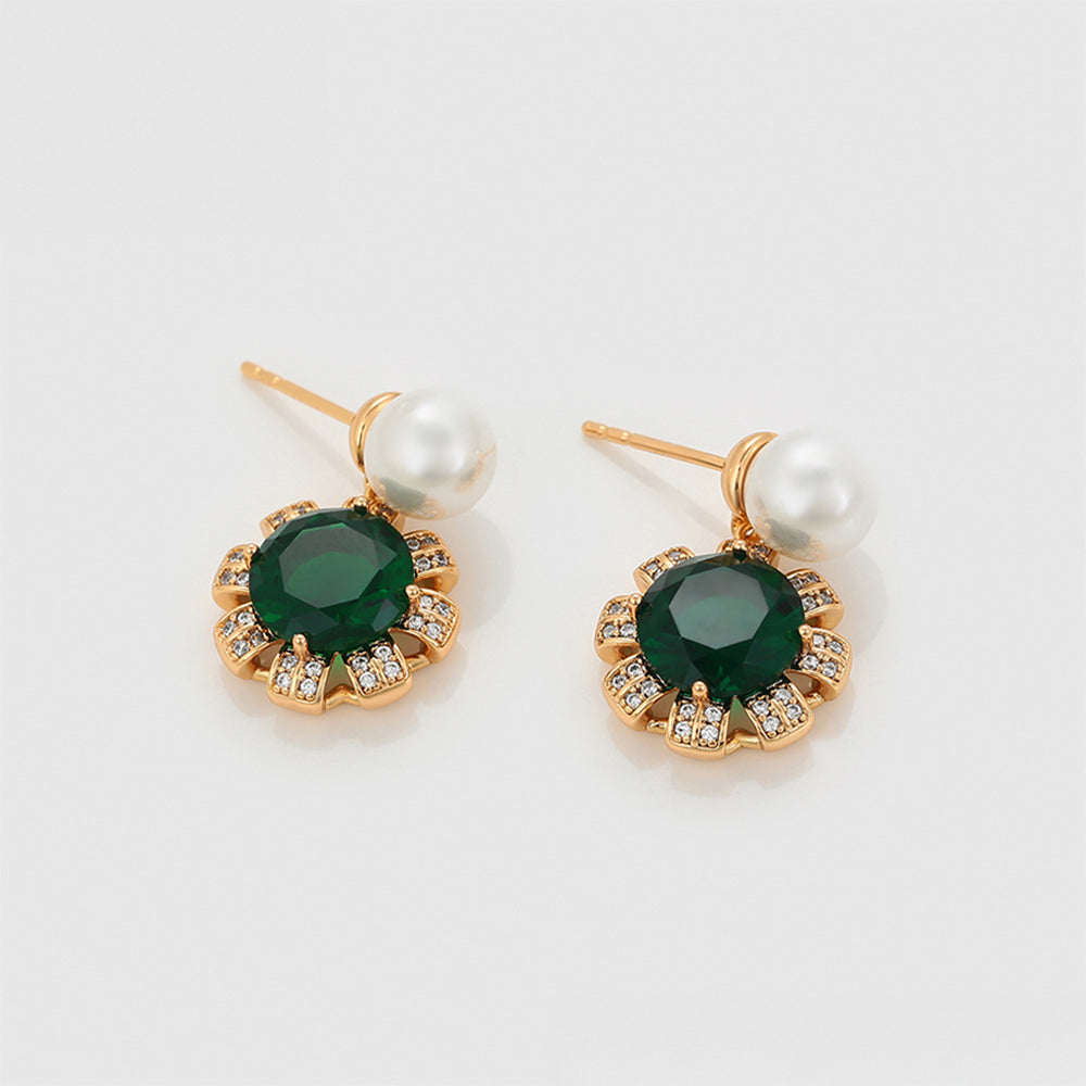 Set din Aliaj Placat cu Aur cu Cristal Verde Emporia® și Perlă de cristal ( Cercei+Inel+Pandantiv )