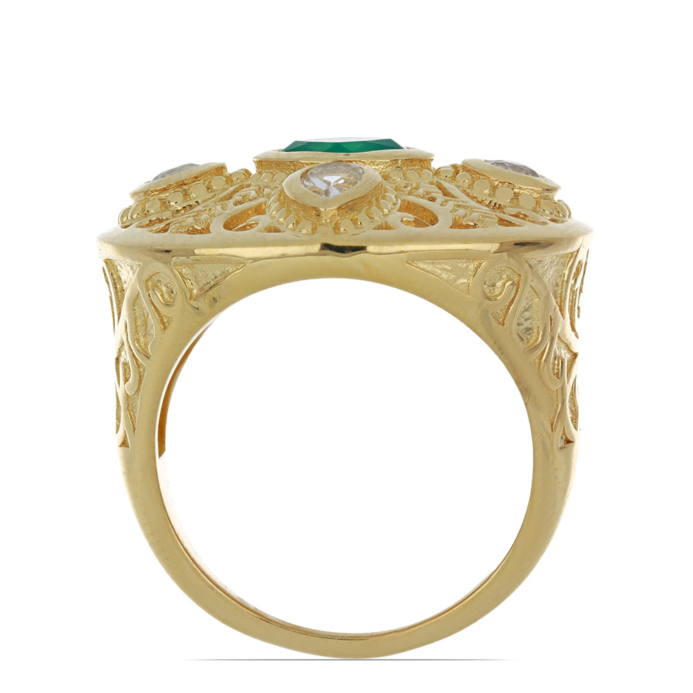 Inel din Argint 925 Placat cu Aur ( 8.54 grame ) cu Agat Verde și Topaz Alb 1.73 Carate