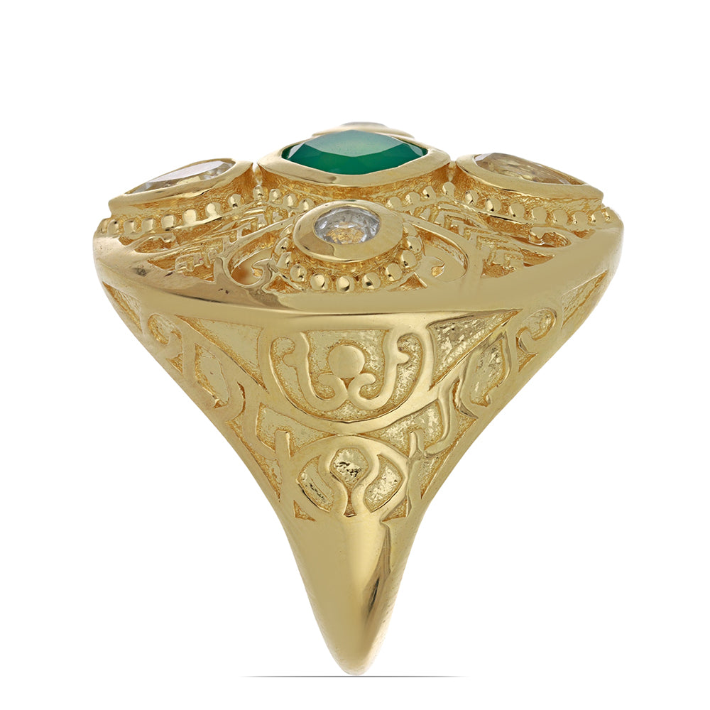Inel din Argint 925 Placat cu Aur ( 8.54 grame ) cu Agat Verde și Topaz Alb 1.73 Carate