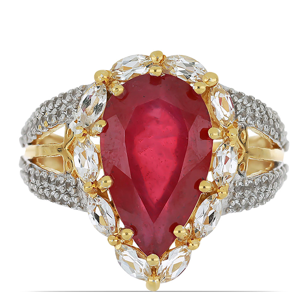 Inel din Argint 925 Placat cu Aur ( 4.69 grame ) cu Rubin Malagasy și Topaz Alb 7.41 Carate