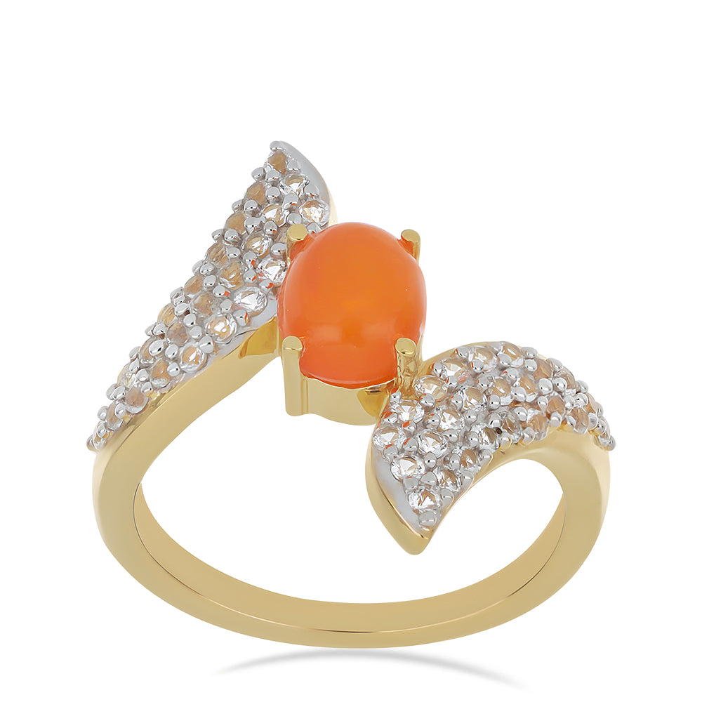 Inel din Argint 925 Placat cu Aur ( 3.67 grame ) cu Opal Etiopian Lega Dembi Portocaliu și Topaz Alb 1.63 Carate