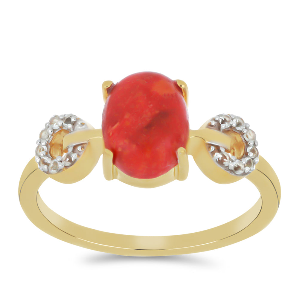 Inel din Argint 925 Placat cu Aur ( 2.42 grame ) cu Coral Roșu Burete și Topaz Alb 1.58 Carate