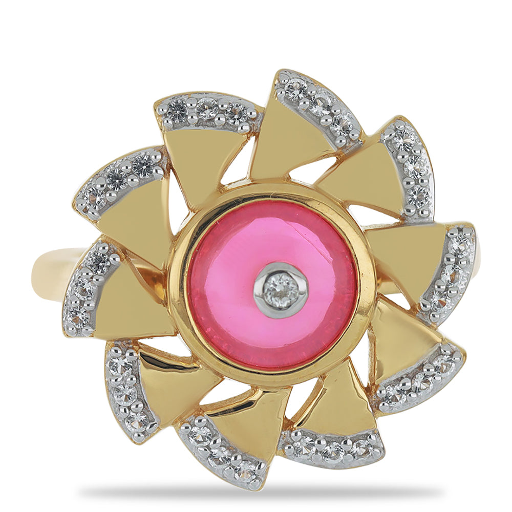Inel din Argint 925 Placat cu Aur ( 5.33 grame ) cu Opal Lega Dembi Roz și Topaz Alb 1.01 Carate