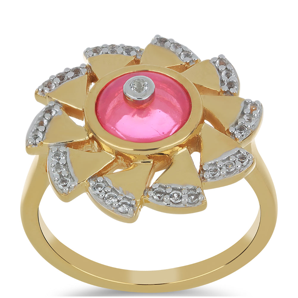 Inel din Argint 925 Placat cu Aur ( 5.33 grame ) cu Opal Lega Dembi Roz și Topaz Alb 1.01 Carate