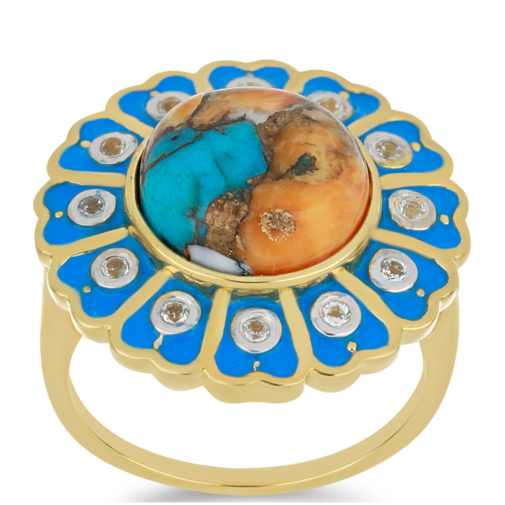 Inel din Argint 925 Placat cu Aur ( 6.78 grame ) cu Turcoaz Oyster și Topaz Alb 7.59 Carate