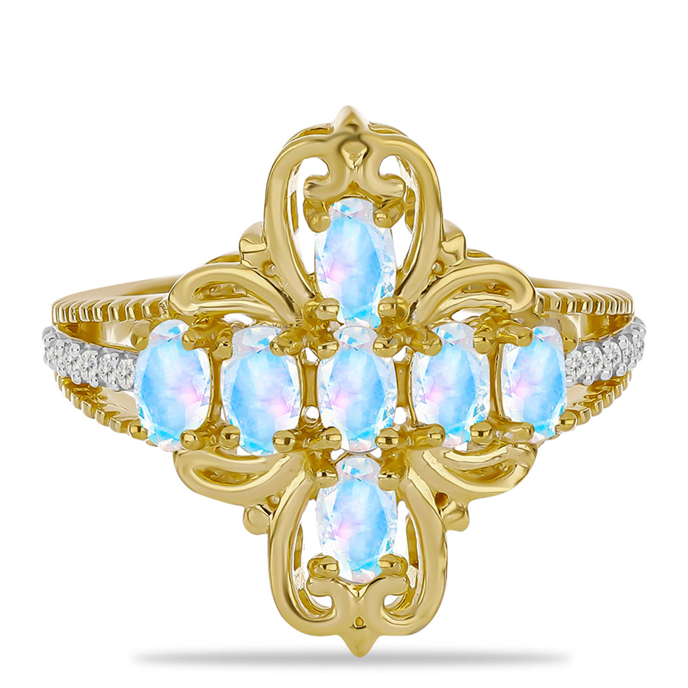 Inel din Argint 925 Placat cu Aur ( 4.28 grame ) cu Piatra Lunii Curcubeu și Topaz Alb 1.53 Carate