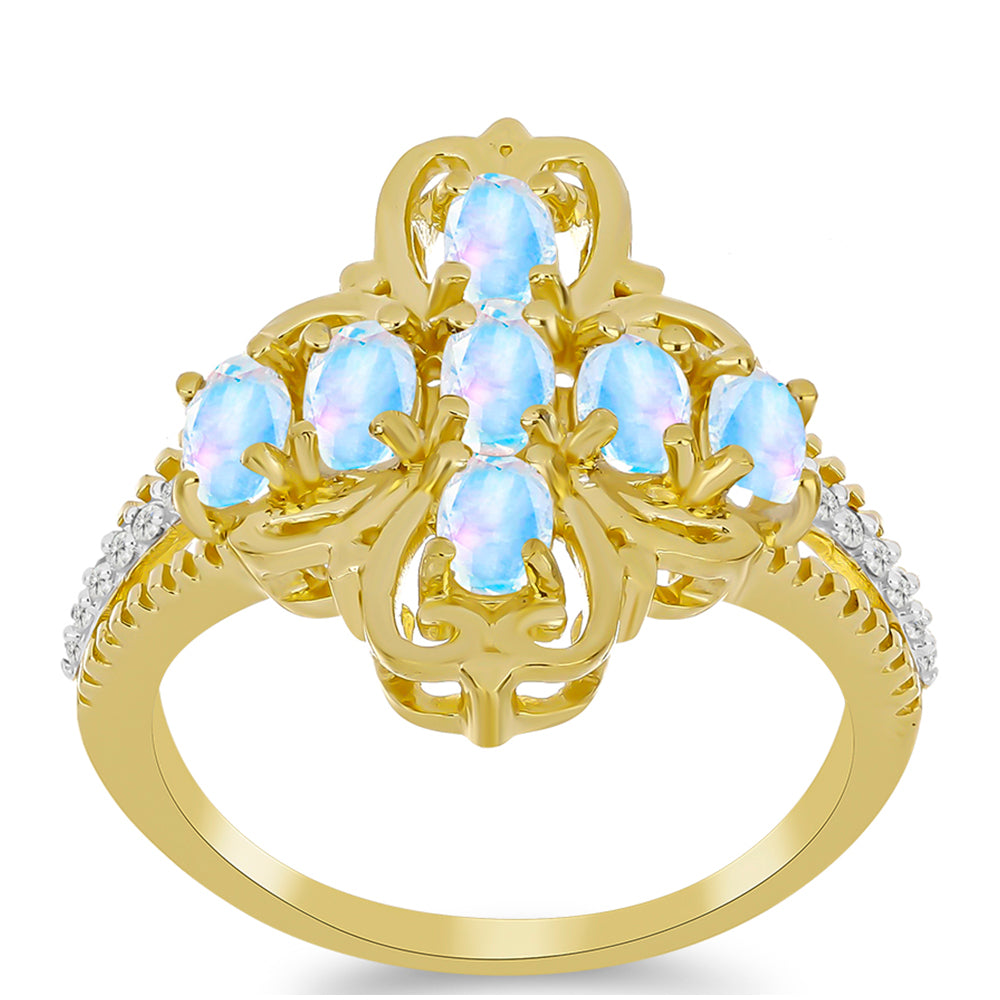 Inel din Argint 925 Placat cu Aur ( 4.28 grame ) cu Piatra Lunii Curcubeu și Topaz Alb 1.53 Carate