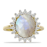 Inel din Argint 925 Placat cu Aur ( 3.52 grame ) cu Piatra Lunii Curcubeu și Topaz Alb 5.25 Carate
