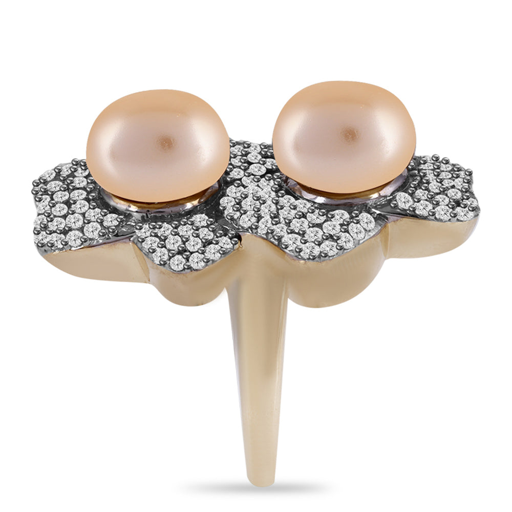 Inel din Argint 925 Placat cu Aur ( 9.4 grame ) cu Perlă de Apă Dulce culoare Aurie și Topaz Alb 10.51 Carate