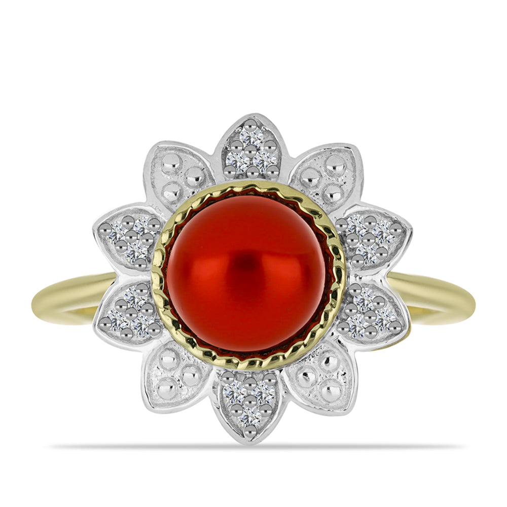 Inel din Argint 925 Placat cu Aur ( 3.12 grame ) cu Perlă de apă dulce roșie și Topaz Alb 2.68 Carate