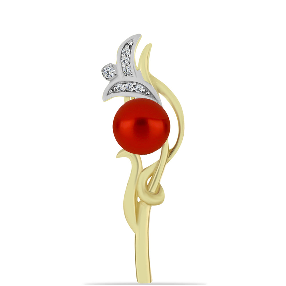 Broşă din Argint 925 Placat cu Aur ( 2.99 grame ) cu Perlă de apă dulce roșie și Topaz Alb 2.59 Carate
