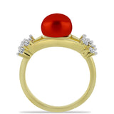 Inel din Argint 925 Placat cu Aur ( 3.2 grame ) cu Perlă de apă dulce roșie și Topaz Alb 2.9 Carate