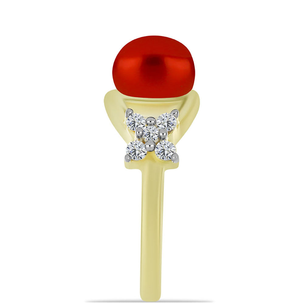 Inel din Argint 925 Placat cu Aur ( 3.2 grame ) cu Perlă de apă dulce roșie și Topaz Alb 2.9 Carate