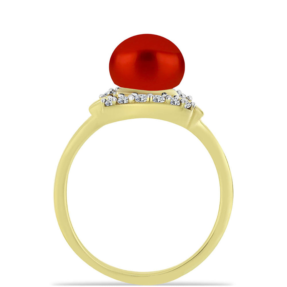 Inel din Argint 925 Placat cu Aur ( 2.62 grame ) cu Perlă de apă dulce roșie și Topaz Alb 2.75 Carate