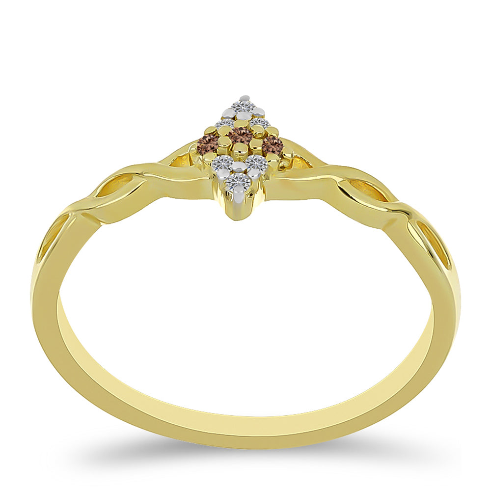 Inel din Argint 925 Placat cu Aur ( 1.77 grame ) cu Diamant de culoarea Șampaniei și Diamant Alb 0.06 Carate