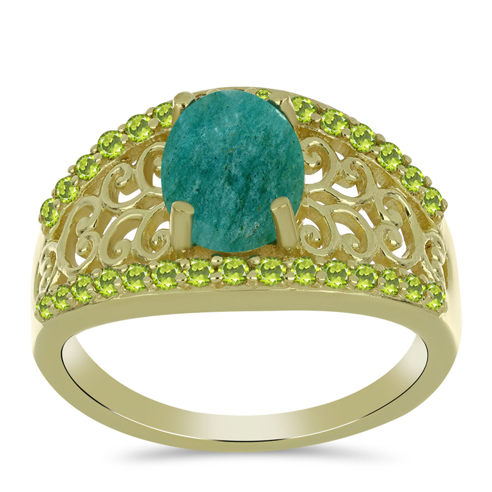 Inel din Argint 925 Placat cu Aur ( 3.94 grame ) cu Amazonit și Peridot Changbai 2.3 Carate
