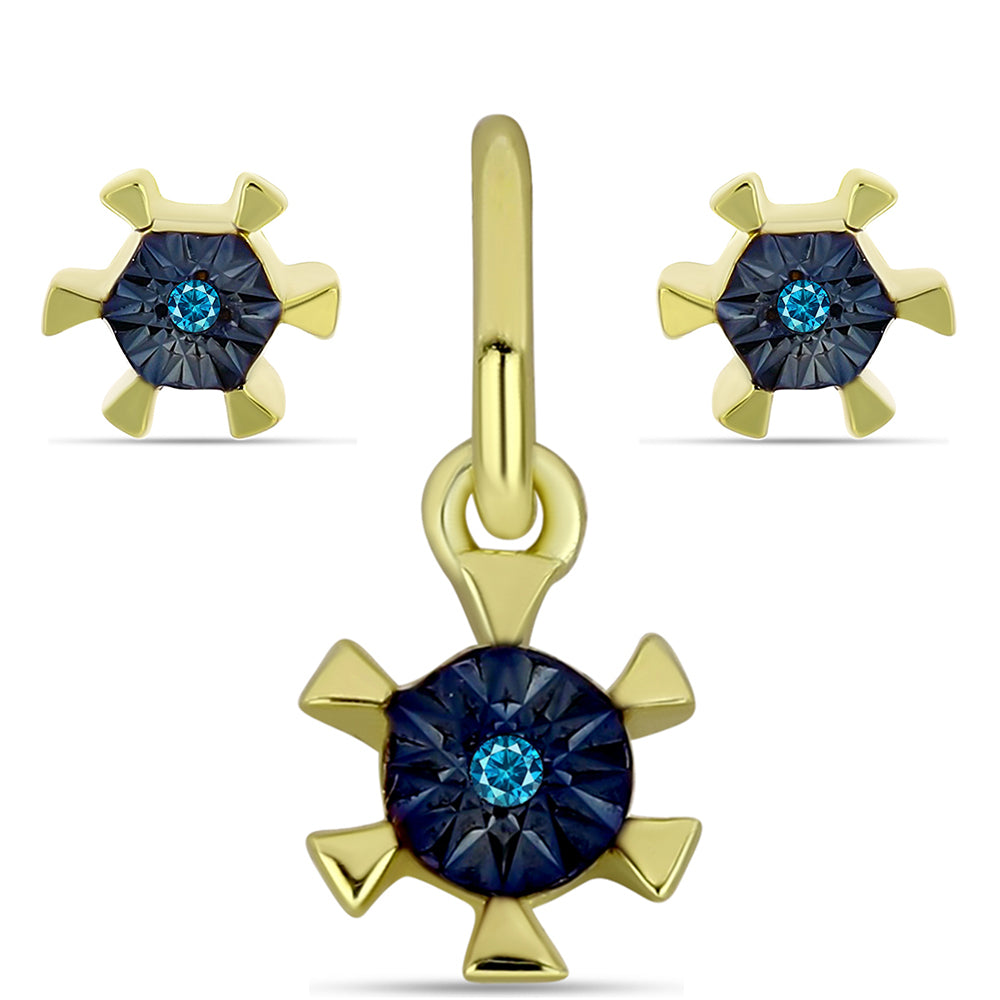 Set din Argint 925 Placat cu Aur ( 1.75 grame ) cu Diamant Albastru 0.02 Carate ( Cercei+Pandantiv )