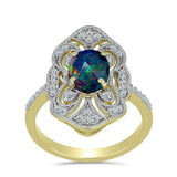 Inel din Argint 925 Placat cu Aur ( 4.56 grame ) cu Opal Etiopian Negru Lega Dembi și Topaz Alb 1.43 Carate