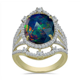 Inel din Argint 925 Placat cu Aur ( 5.46 grame ) cu Opal Etiopian Negru Lega Dembi și Topaz Alb 5.09 Carate