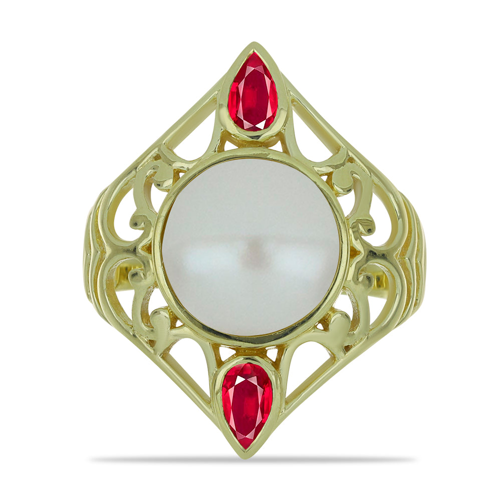 Inel din Argint 925 Placat cu Aur ( 3.99 grame ) cu Perlă de Apă Dulce Albă și Rubin Malagasy 7 Carate