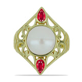 Inel din Argint 925 Placat cu Aur ( 3.99 grame ) cu Perlă de Apă Dulce Albă și Rubin Malagasy 7 Carate