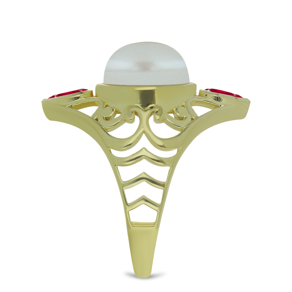 Inel din Argint 925 Placat cu Aur ( 3.99 grame ) cu Perlă de Apă Dulce Albă și Rubin Malagasy 7 Carate