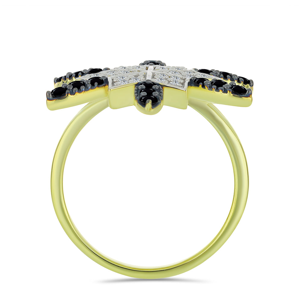 Inel din Argint 925 Placat cu Aur ( 4.73 grame ) cu Spinel Negru și Topaz Alb 1.19 Carate