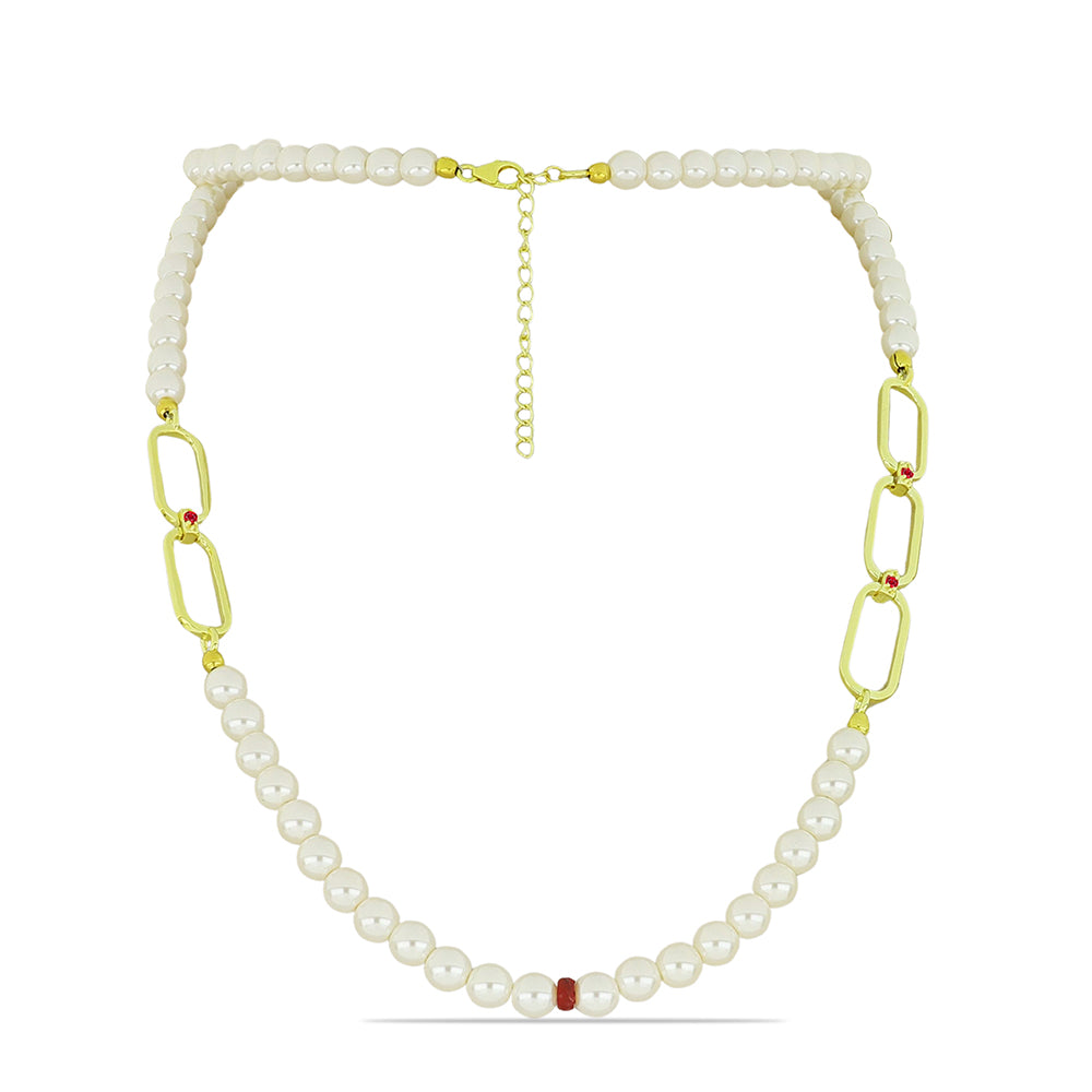 Set din Argint 925 Placat cu Aur ( 16.04 grame ) cu Perlă de Apă Dulce Albă și Rubin Malagasy 97.53 Carate ( Colier+Cercei+Brățară )