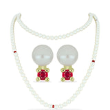 Set din Argint 925 Placat cu Aur ( 0.95 grame ) cu Perlă de Apă Dulce Albă și Rubin Malagasy 176.58 Carate ( Colier+Cercei )