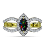 Inel din Argint 925 Placat cu Aur ( 3.29 grame ) cu Opal Etiopian Negru Lega Dembi și Topaz Alb 0.87 Carate