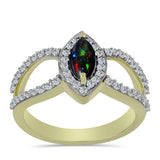 Inel din Argint 925 Placat cu Aur ( 3.29 grame ) cu Opal Etiopian Negru Lega Dembi și Topaz Alb 0.87 Carate