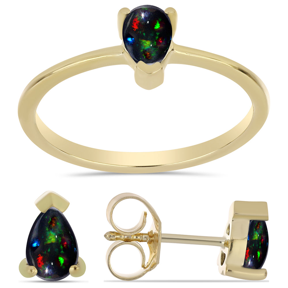 Set din Argint 925 Placat cu Aur ( 2.51 grame ) cu Opal Etiopian Negru Lega Dembi 0.82 Carate ( Cercei+Inel )