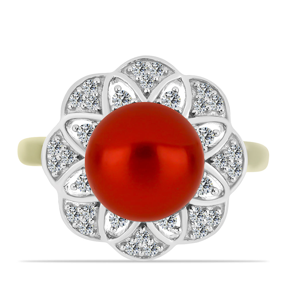 Inel din Argint 925 Placat cu Aur ( 4.43 grame ) cu Perlă de apă dulce roșie și Topaz Alb 4.59 Carate