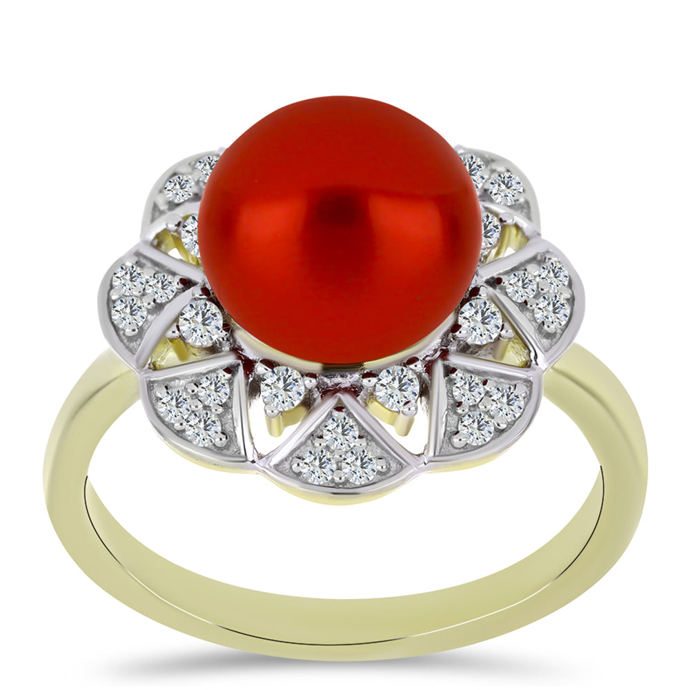 Inel din Argint 925 Placat cu Aur ( 4.43 grame ) cu Perlă de apă dulce roșie și Topaz Alb 4.59 Carate