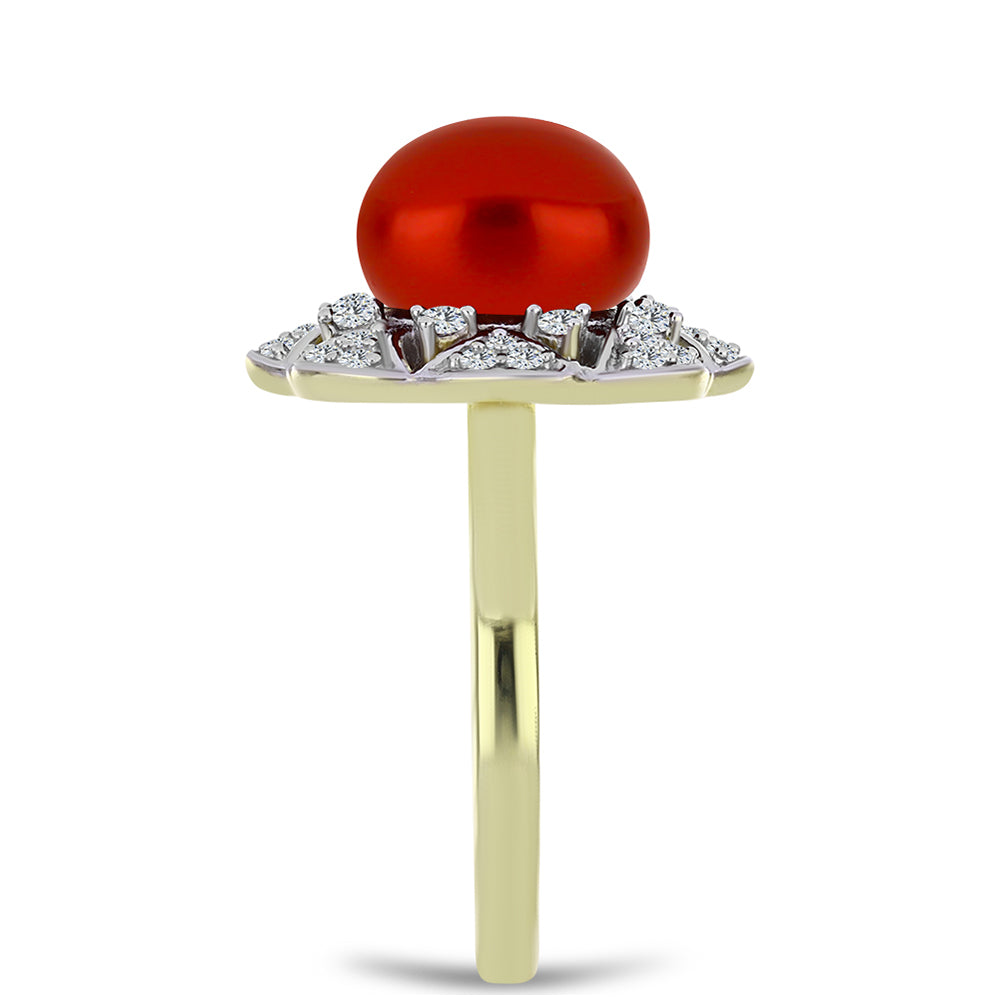 Inel din Argint 925 Placat cu Aur ( 4.43 grame ) cu Perlă de apă dulce roșie și Topaz Alb 4.59 Carate
