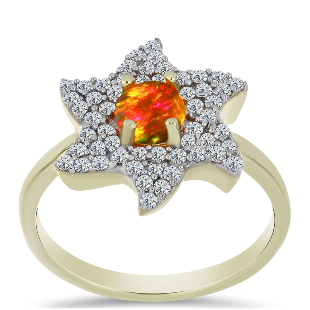 Inel din Argint 925 Placat cu Aur ( 3.2 grame ) cu Opal de Foc American și Topaz Alb 0.81 Carate